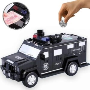 Eine lustige elektronische Spardose in Form eines Polizeiautos
